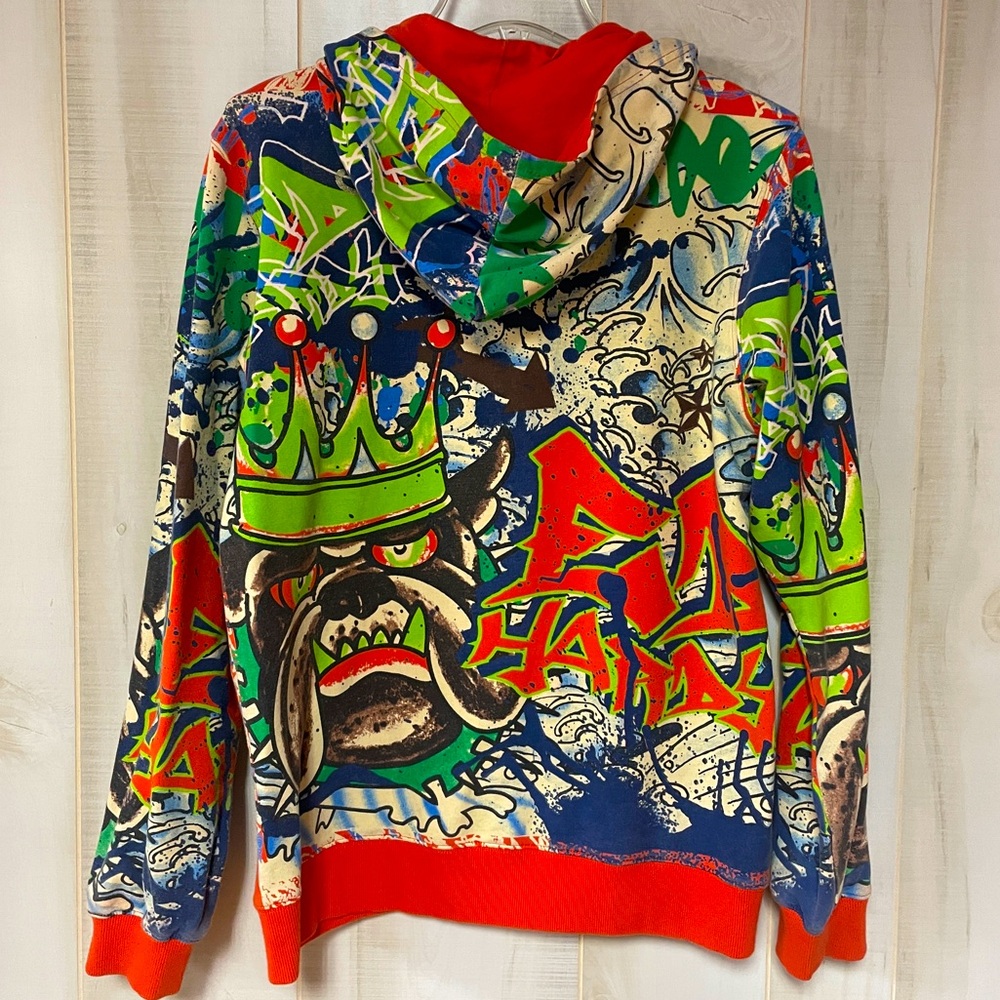 Ed Hardy Orange Green Blue Cotton Graffiti Print Zip Hoodie Jacket Sz L - Picture 2 of 6